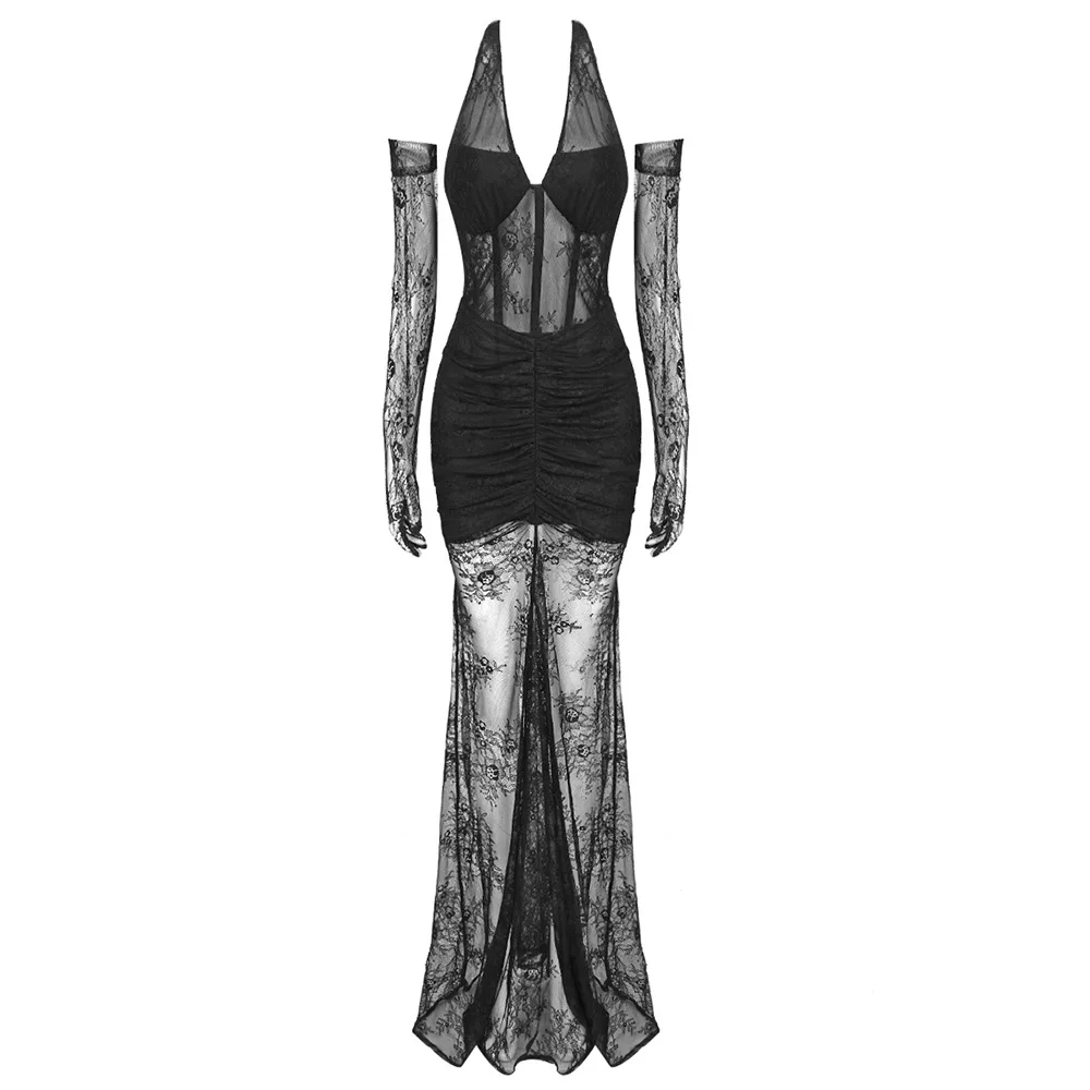 

J 2024 Spring and Summer New Arrive Lace Halter Dress Women's Gloves Semi-transparent Sexy Dress