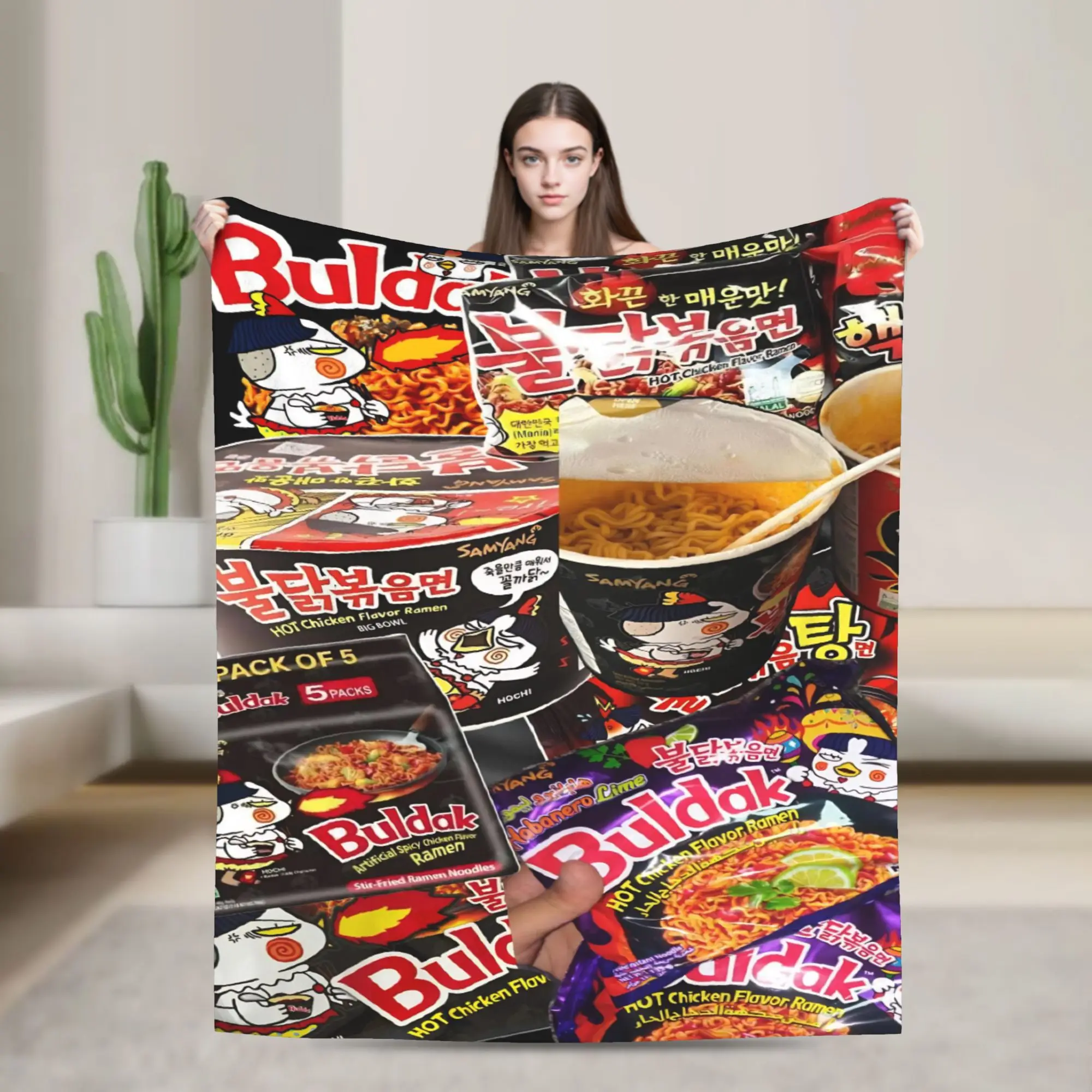 Manta de felpa suave y cálida con diseño de fideos de pollo picante Buldak, sabor a pollo picante, para sala de estar, cubrecama de franela.