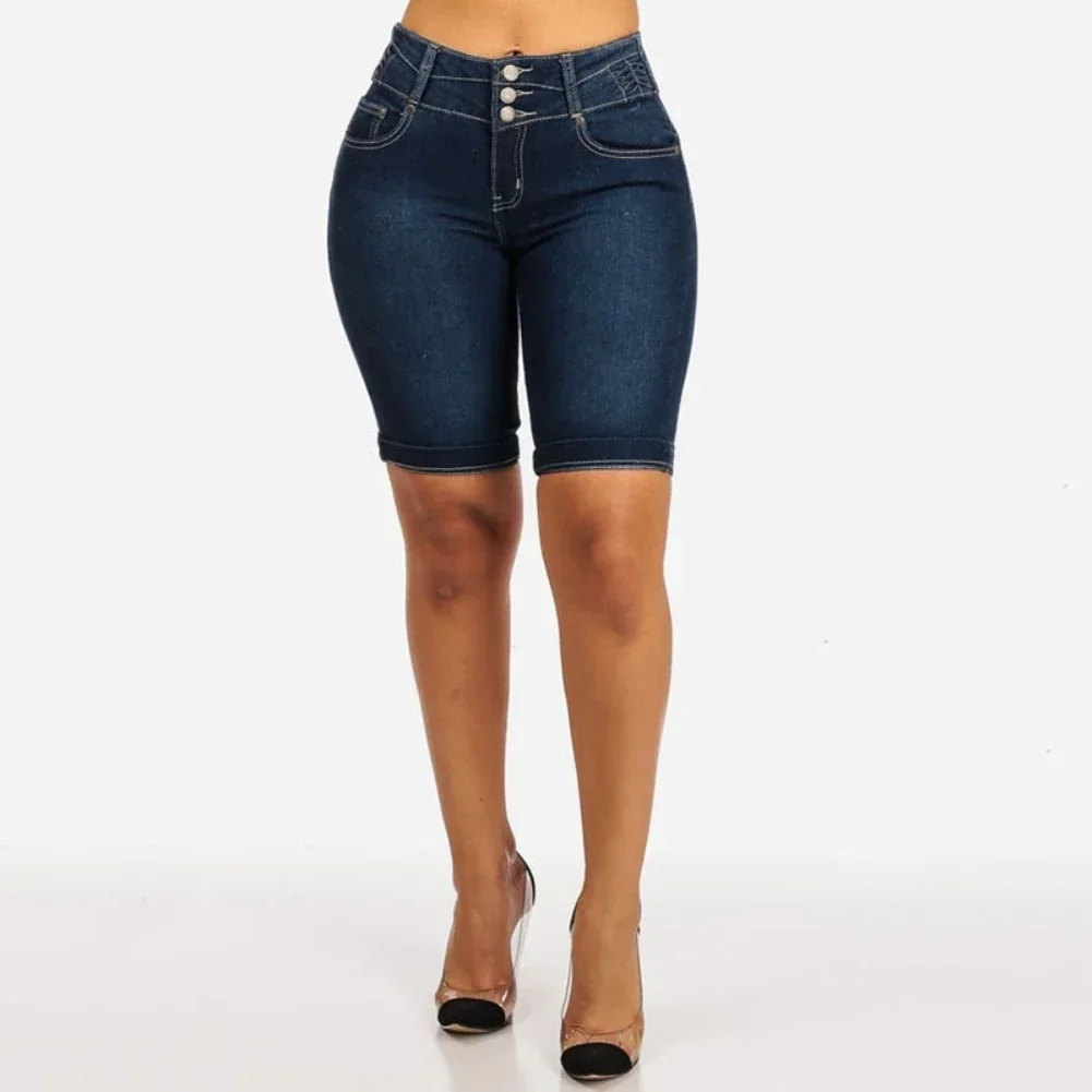 New Sexy Women Skinny Denim Shorts High Waist Stretch Bodycon Jeans Slim Button Shorts Ladies Knee Length Stretch Short Jeans