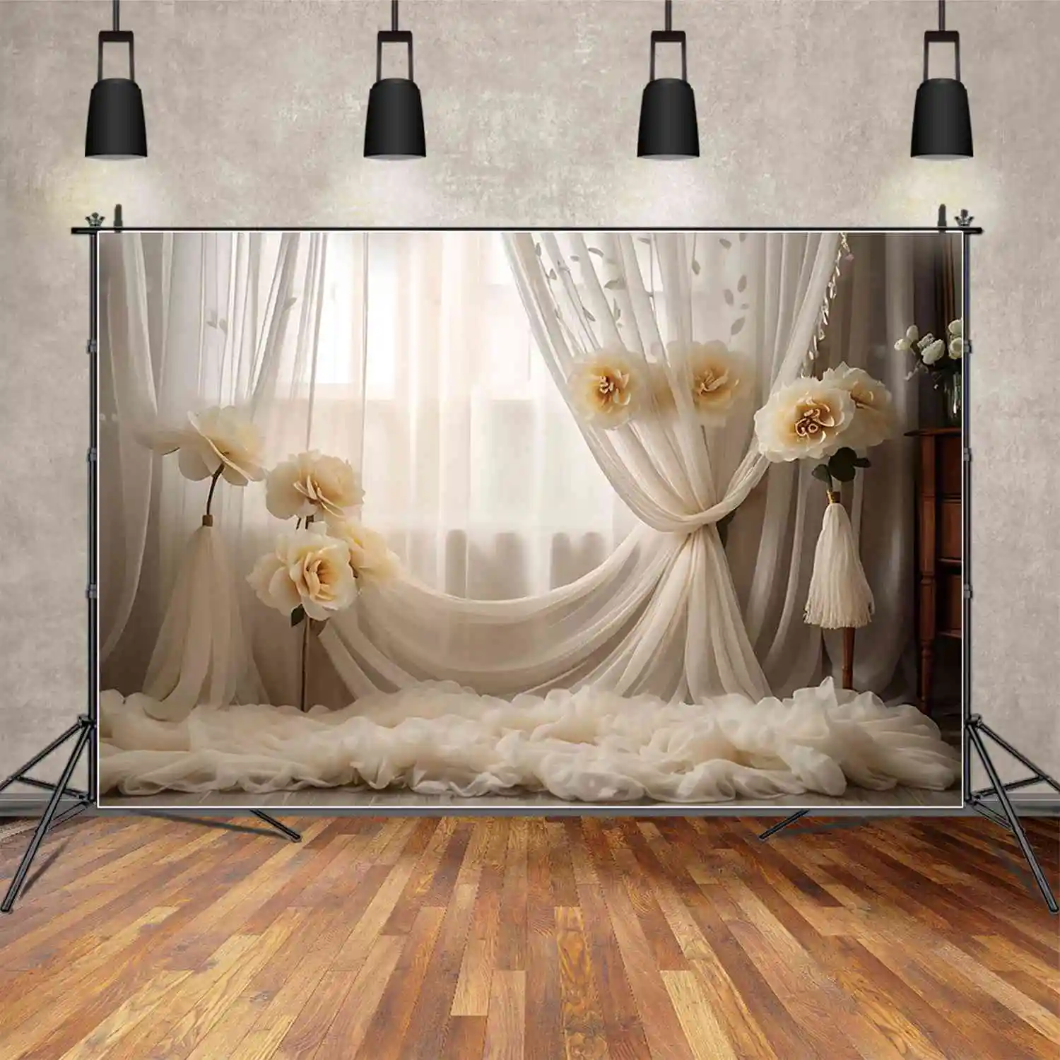 MOON.QG Girls Portrait Bohemian Style Backdrop Flower Drapes Curtain Background Custom Party Decoration Photocall Props