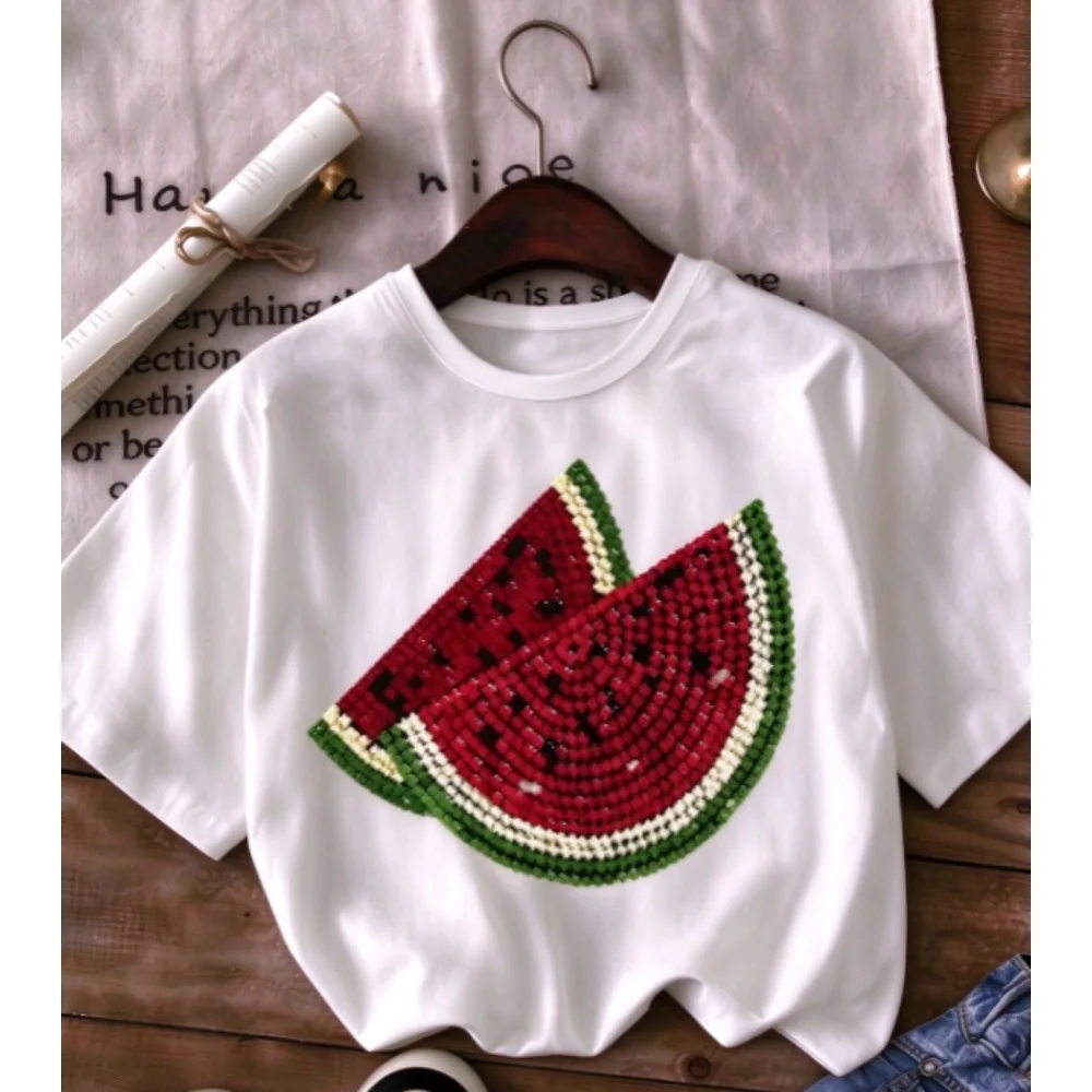 Sequin Watermelon Slice Graphic T Shirt Women Crew Neck Short Sleeve Tee Summer Fruit Cute Print Casual Daily Top