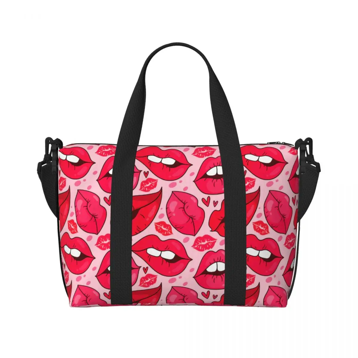 

Custom Sexy Kisses Lipstick Kiss Red Lips Prints Pattern Tote Bag Women Large Capacity Gym Beach Shoulder Travel Bag