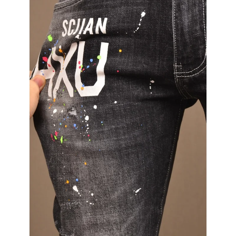 Vintage Printed Ripped Jeans Men's Street Handsome All-Match Stretch High Street Spray Paint Casual Skinny Tappered Pants