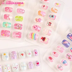 12Pcs Fake Nails Tips for Kids Shiny Pink Girl Short Sticky False Nails Cute Self-adhesive False Nail Toy Cartoon Fingernails