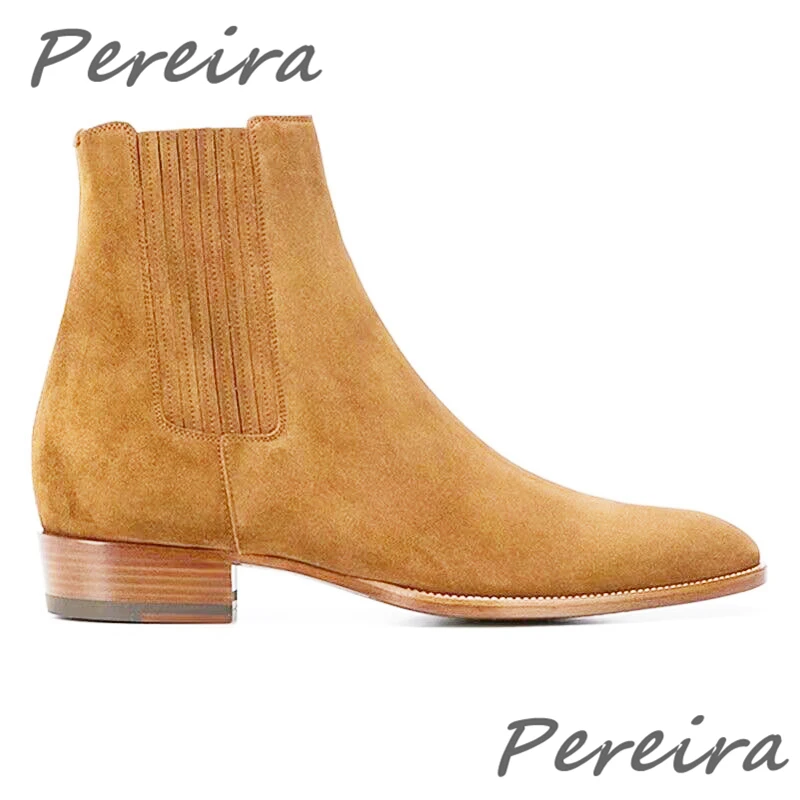 Botas Chelsea de gamuza de vaca Camel para hombre, botines sin cordones con punta redonda sólida de estilo británico, zapatos informales hechos a mano para Otoño e Invierno