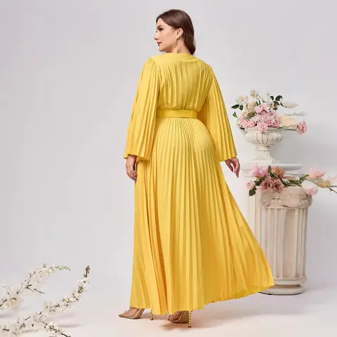 Plus Size Damklänning Elegant Enfärgad Långärmad Plisserad Djup V-ringning Lös A-linje Spetsad Höst Fest Klubb Balklänningar 8 best sales middagsklänning för plus size - №6
