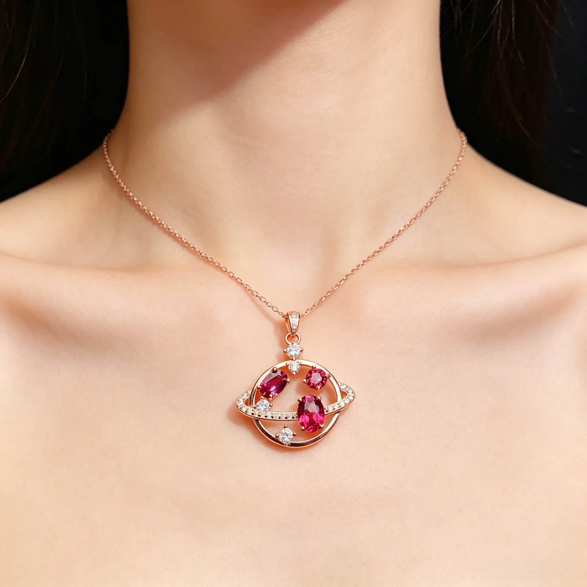 FS 5*7mm Natural Garnet S925 Sterling Silver Planet Modeling Pendant Necklace Fine Fashion Weddings Jewelry for Women\'s