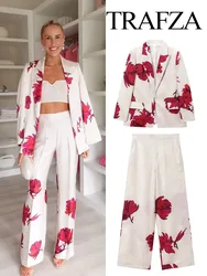 TRAFZA Set da 2 pezzi da donna elegante stampa bavero maniche lunghe tasca finta decorare Blazer Top + pantaloni a gamba larga con cerniera laterale allentata sottile