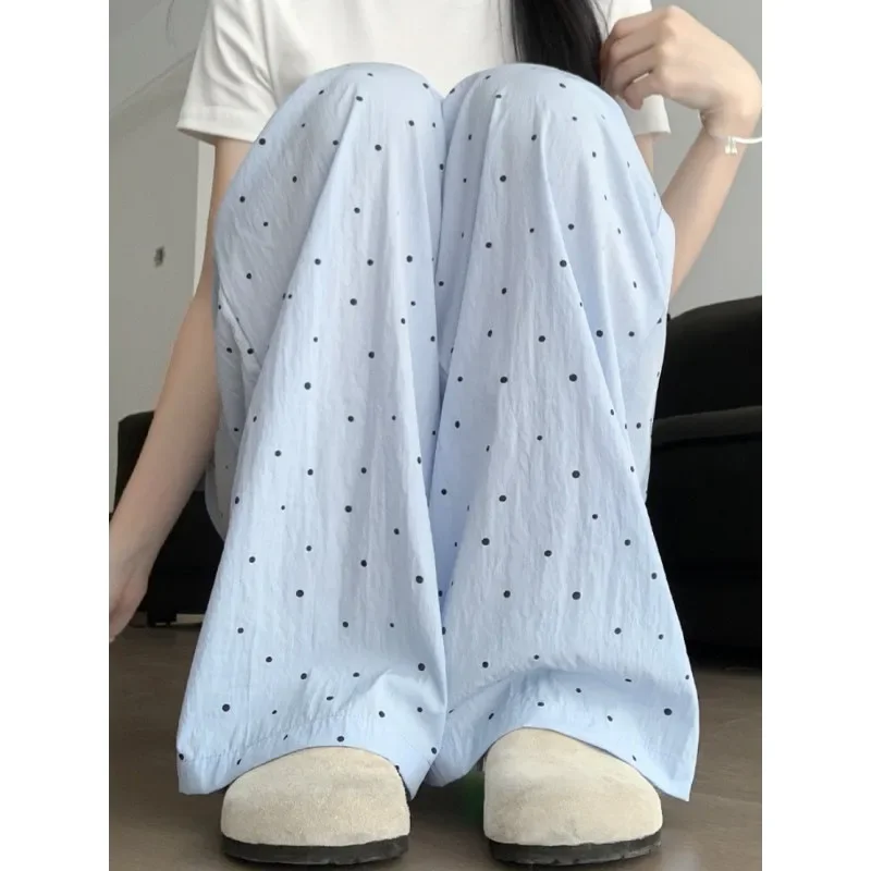 Sleeping Pants Women Trousers Polka Dots Solid Color Fashionable Straight-Leg Trousers Breathable Lounge Pants Pajama Pants view 6