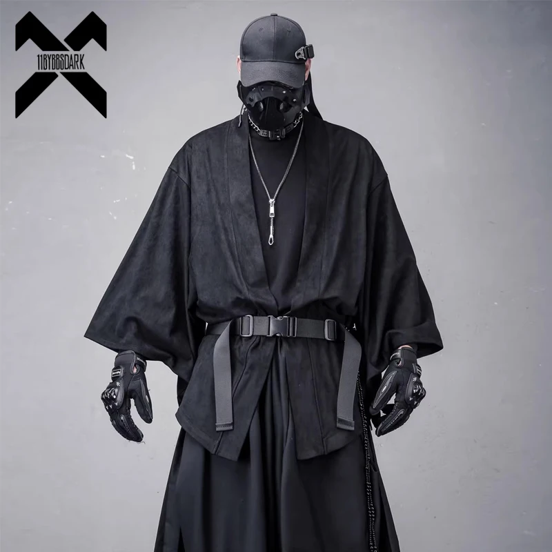 

Замшевое кимоно-кардиган, куртка в японском стиле, объемное пальто с открытой передней частью, мужские уличные топы с рукавами семи центов, черные