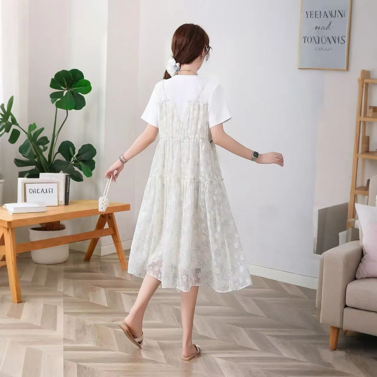 2026 New Plus Size Maternity Dress Sweet Faux Two-piece Short Sleeve Spliced Floral Chiffon Dress, Stylish Summer Outfit Women