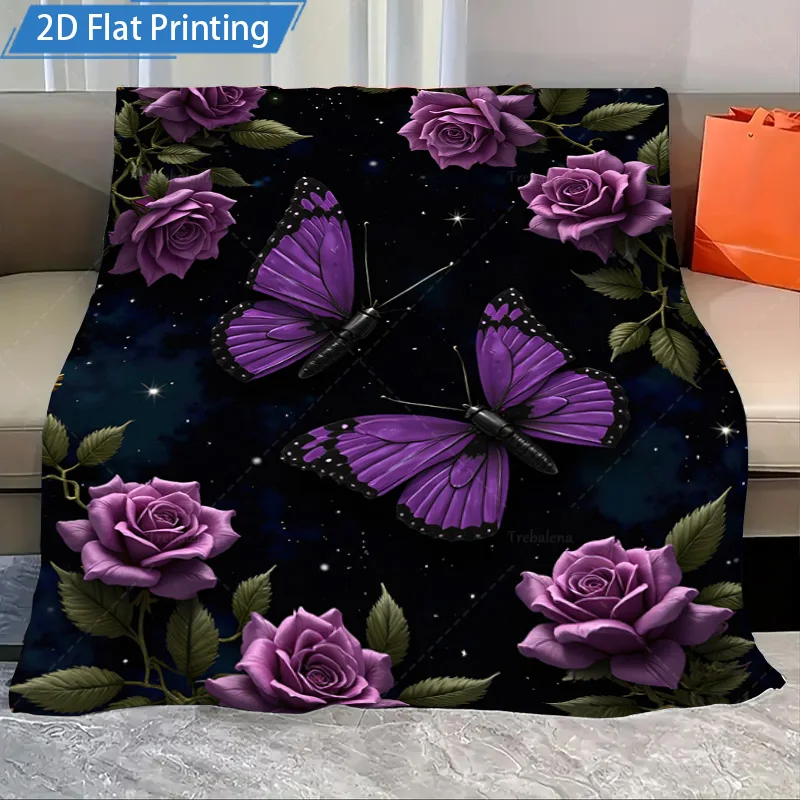 

1pc Flannel Blanket Purple Butterfly Rose Print Blanket Soft Cozy Bedding Decor Night Sky Pattern Home Decoration Throw Cover