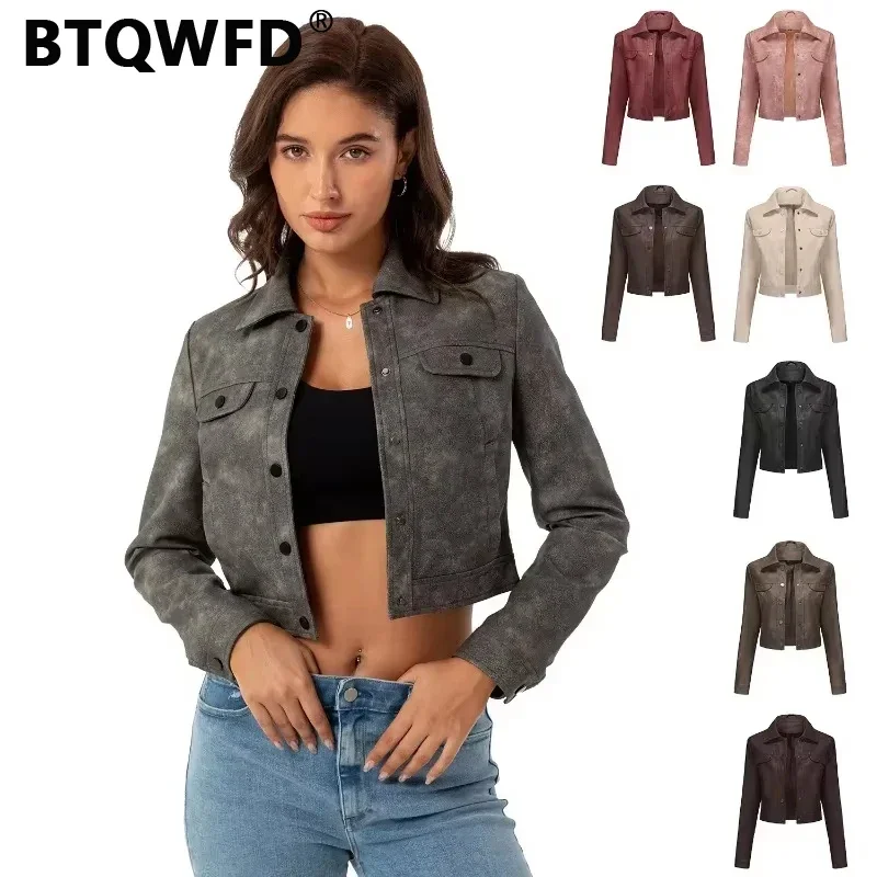 BTQWFD Women's Pu Faux Motor Biker Leather Jackets Slim Coat with Pockets Button Female Outwear Tops 2024 Spring Autumn Winter