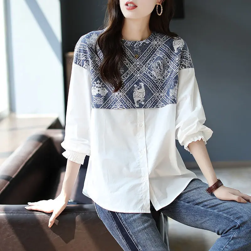 Korean Version Loose Splicing Long Sleeve Shirt for Women\'s Spring Autumn New Loose Slimming Artistic Style Casual Versatile Top