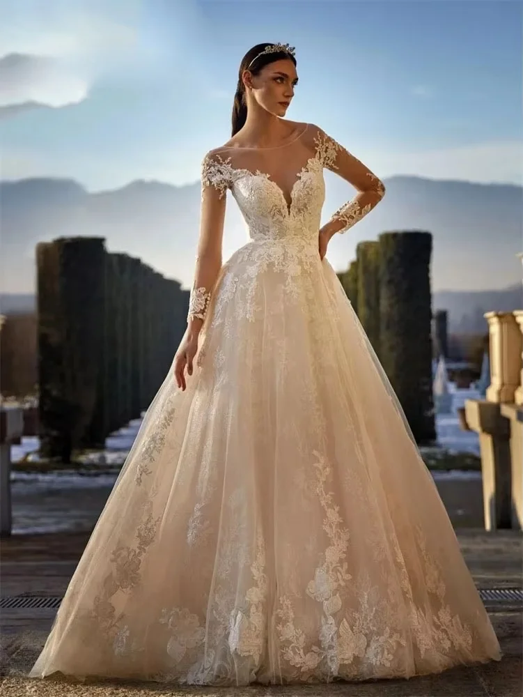 

CustomziedLace Wedding Dress Full Illusion Sleeves Sheer Neck Champagne Bridal Gown Women's Tulle Bride Dress Vestidos De Novia