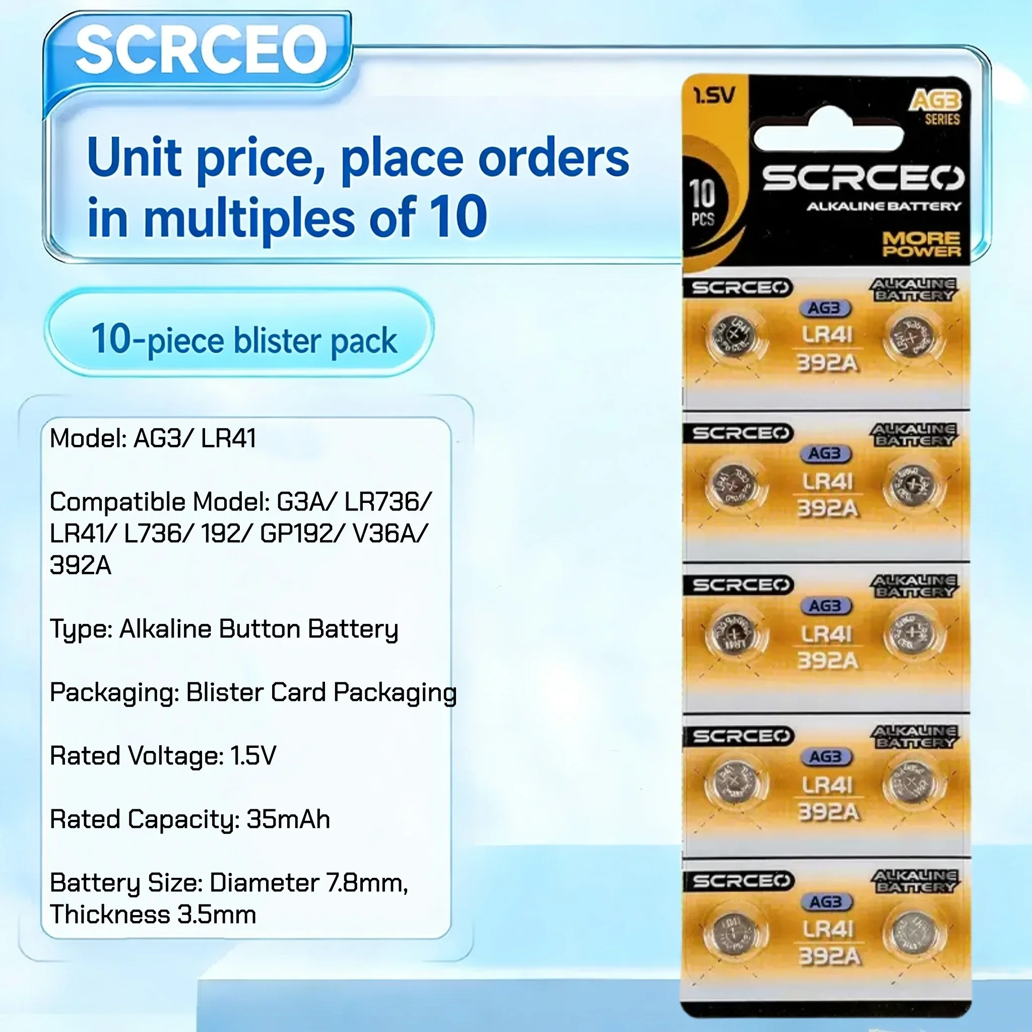Alkaline Button Cell Battery AG3 LR41 1.55V 10-200PCS Replacement for SR41 392A 384 192 for Watch Calculator LED