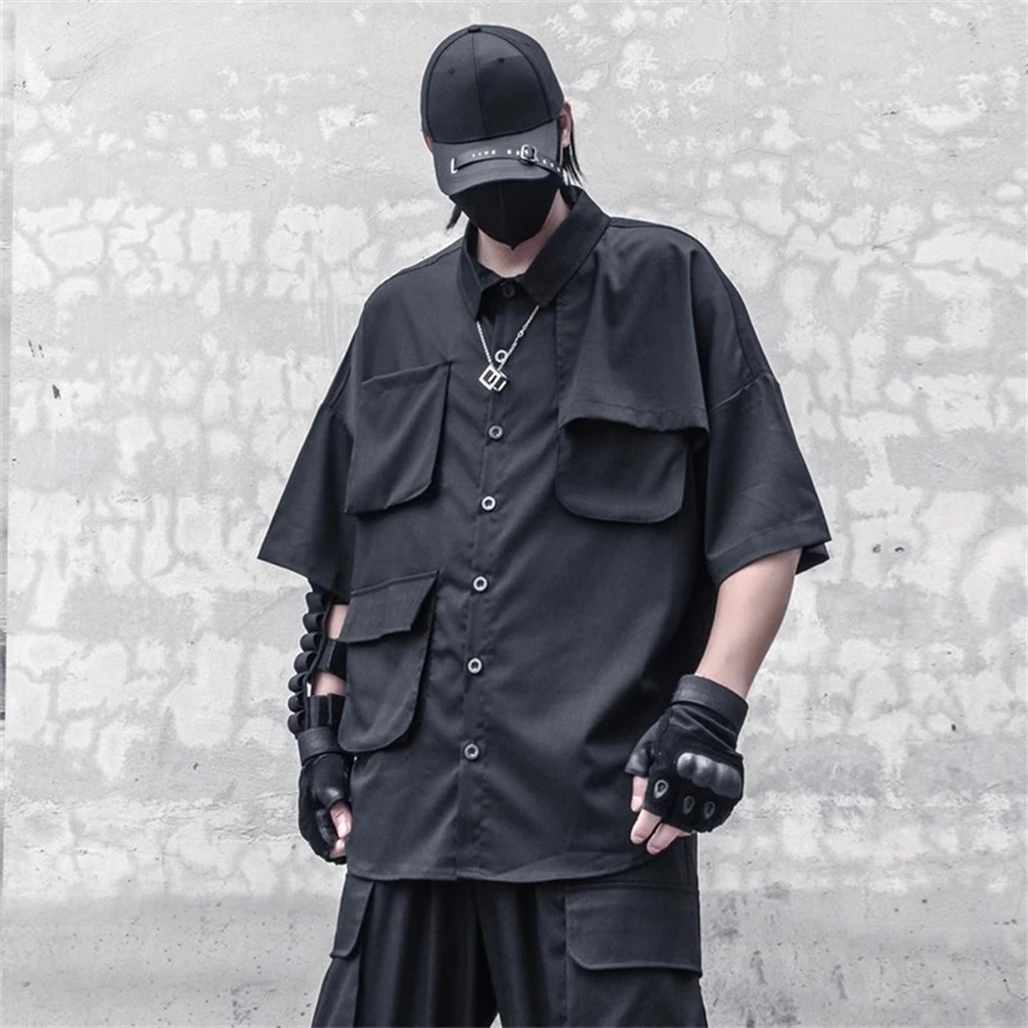 

Oversized Short Sleeve Shirts Men Streetwear Punk Thin Casual Shirt Function Multi Pockets Harajuku Cargo Shirt Coats Techwear