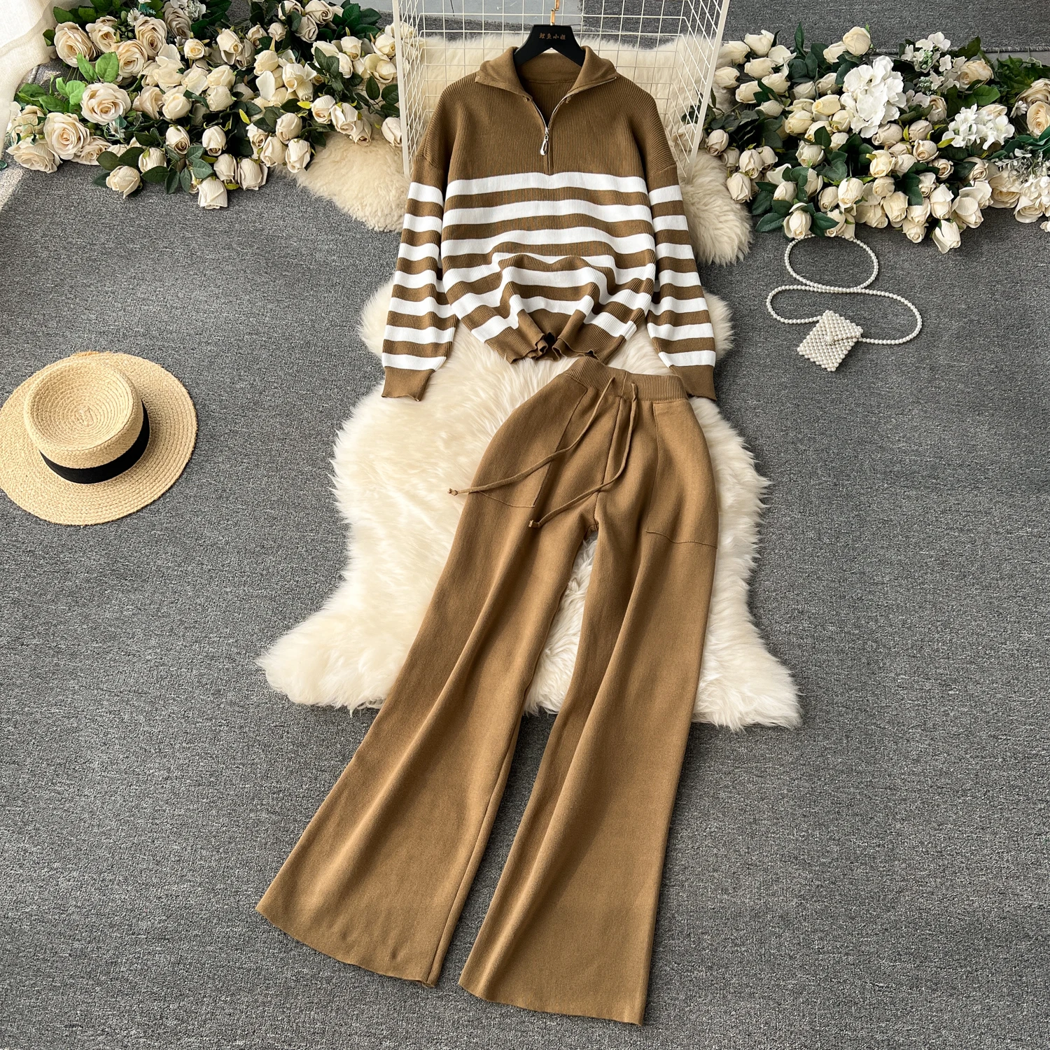 

Women's Fashion Loose Versatile Set Zipper Collar Stripe Knitted Sweater+High Waist Slimming Pants Autumn New Two Piece Sets