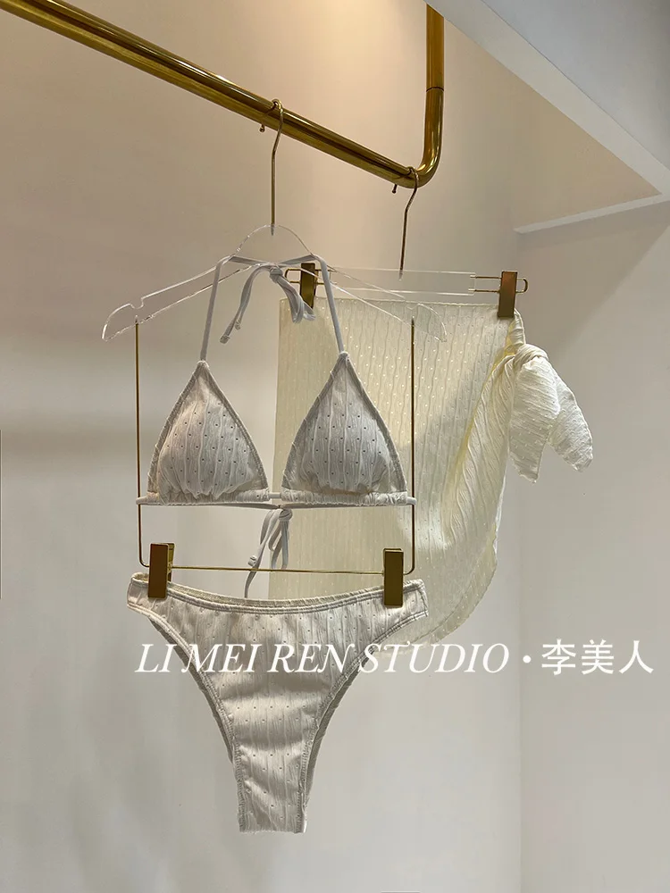 

New milk white bikini three piece swimsuit women's gathering swimsuit