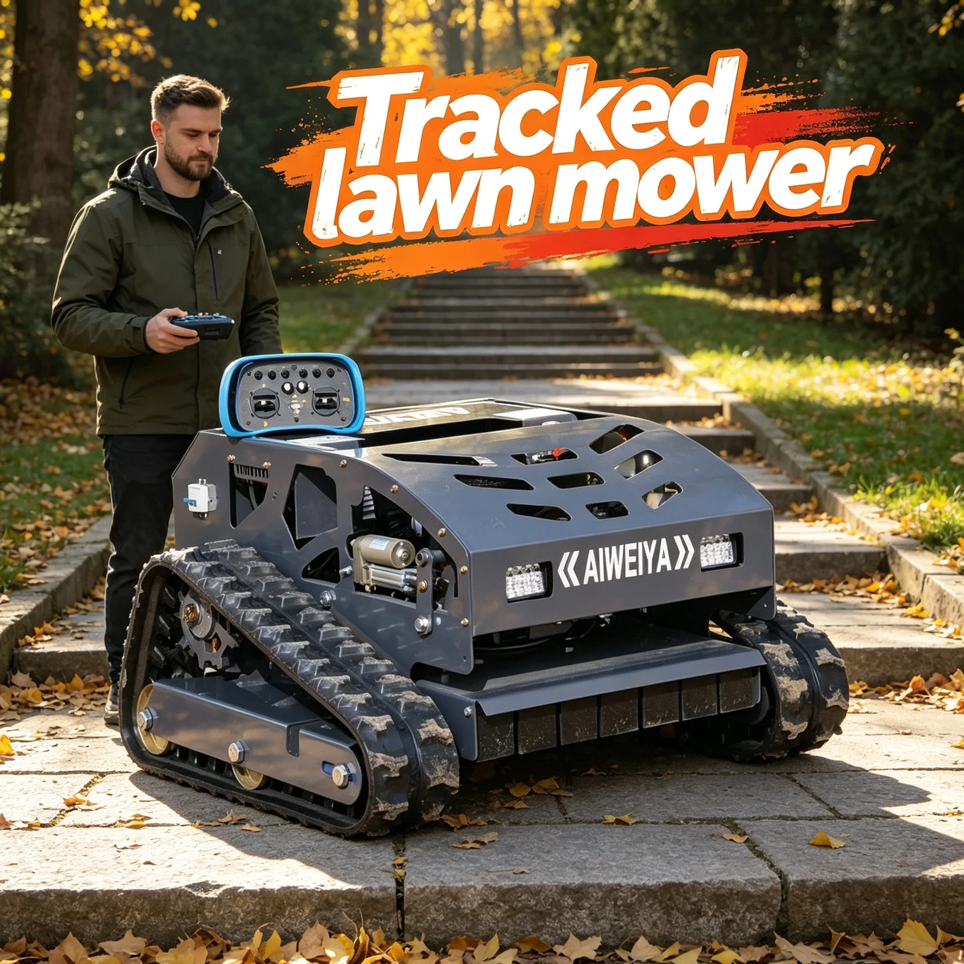 Customized tracked lawn mower, self propelled remote-controlled lawn mower, flexible movement on uneven rugged ground