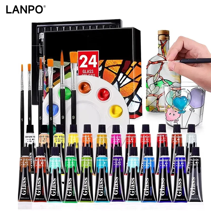 LANPO Acrylic Paints Glass/Textile Pigments Set 12/60ml 12/24/36 Colors Tubes Artist Drawing Fabric Oil water Paint Art supplies