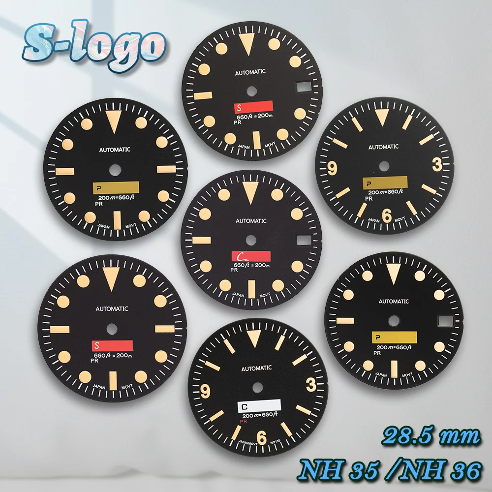 

28.5mm Matte Retro SUB Mod NH35 Dial C3 Green Luminous SKX007 Mod Print S Dial For NH35/NH36 Movement Watch Dial Repair tool