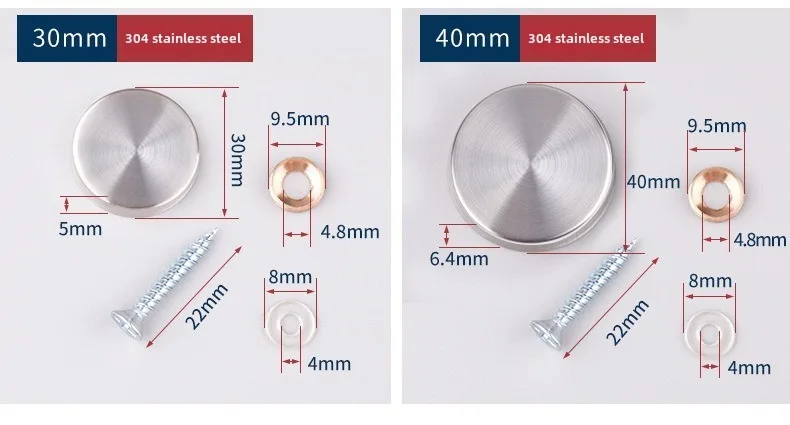 8 Sets 16-40mm Spiegelbefestigungsschrauben, Dekorative Kappen, Nagel, Werbeglasschraube, 304 Edelstahl-Abdeckung, Möbelbeschläge – Detail 7