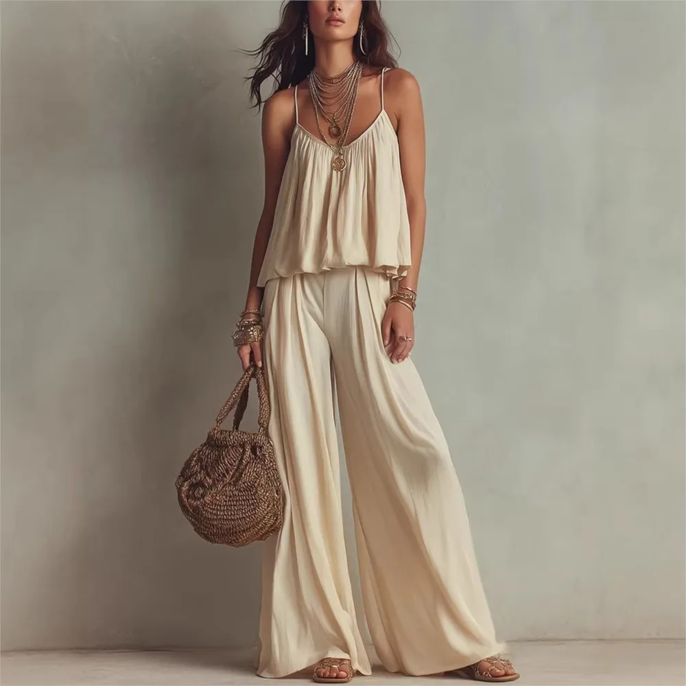 

Camisole High-waisted Wide-leg Casual Pants Two-piece Set Summer Women's Square Collar Solid Color Trousers Suit Костюм Женский