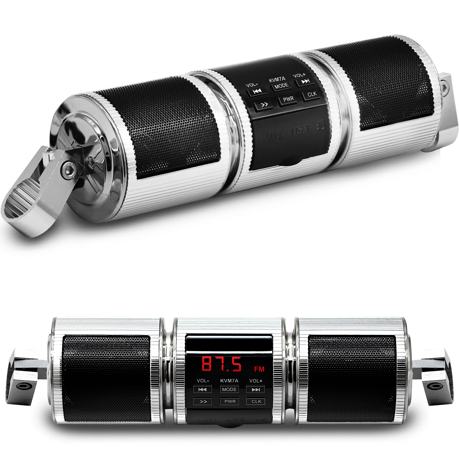 Motorcycle Handlebar Stereo Speakers Wireless MP3 Player with AUX-IN/USB/TF Card FM Radio Silver