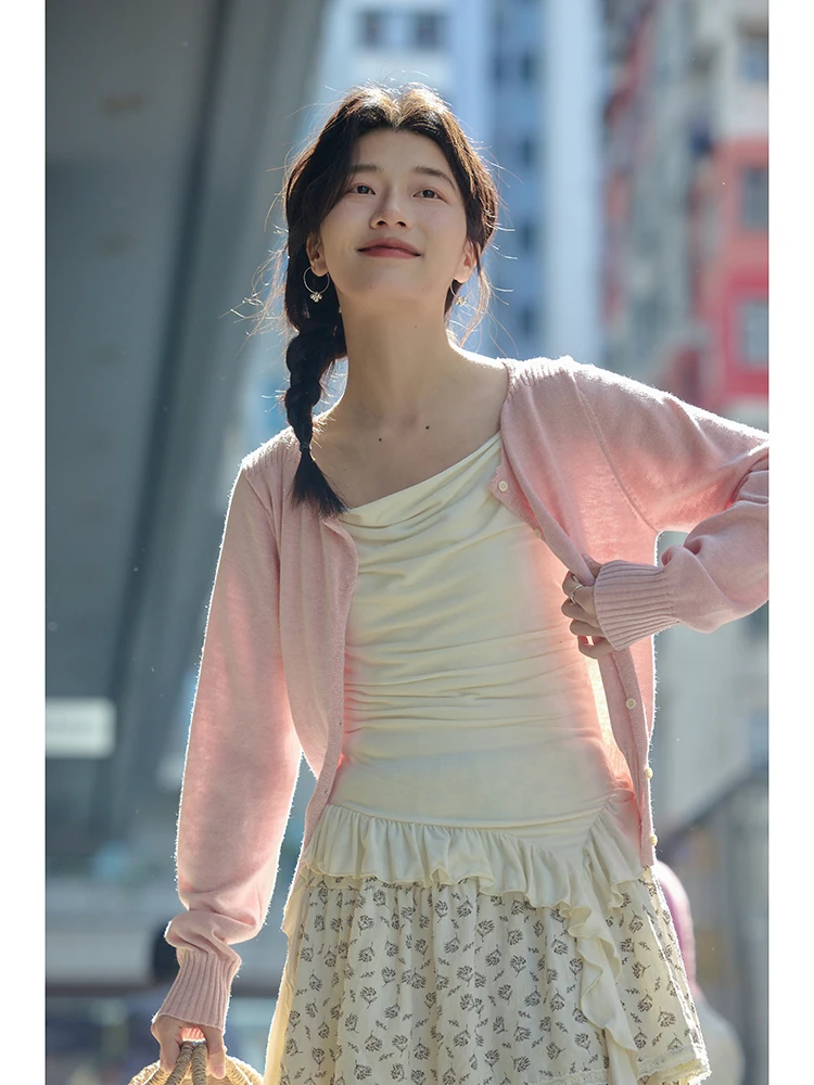 

Chic White Knitted Cardigan Women's Spring Outerwear Light Pink Thin Sle Princ Loose Fit Long Sve High Collar Top