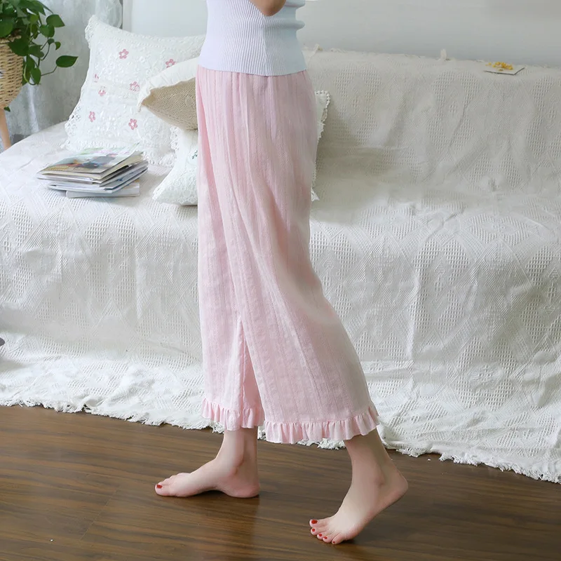 Pantaloni da casa da donna in puro cotone pantaloni da pigiama con aria condizionata a gamba larga a nove punti in cotone estivo sciolto