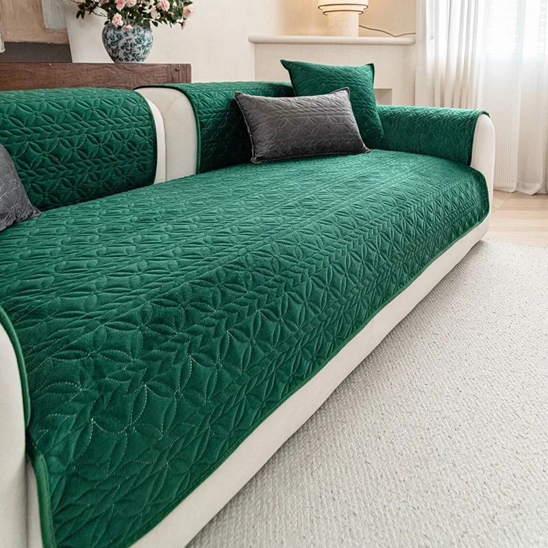 Vintage Green Sofa Cushion Cover Diamond Quilted Holland Velvet Thickened Warm Anti Scratch Non Slip Protector for Living Room
