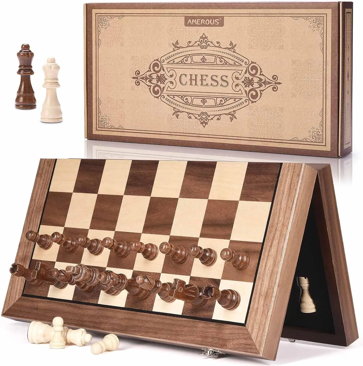 

15' Magnetic Wooden Chess Set with 2 Extra Queens, Folding Board & Storage, Portable Travel Chess for Beginners