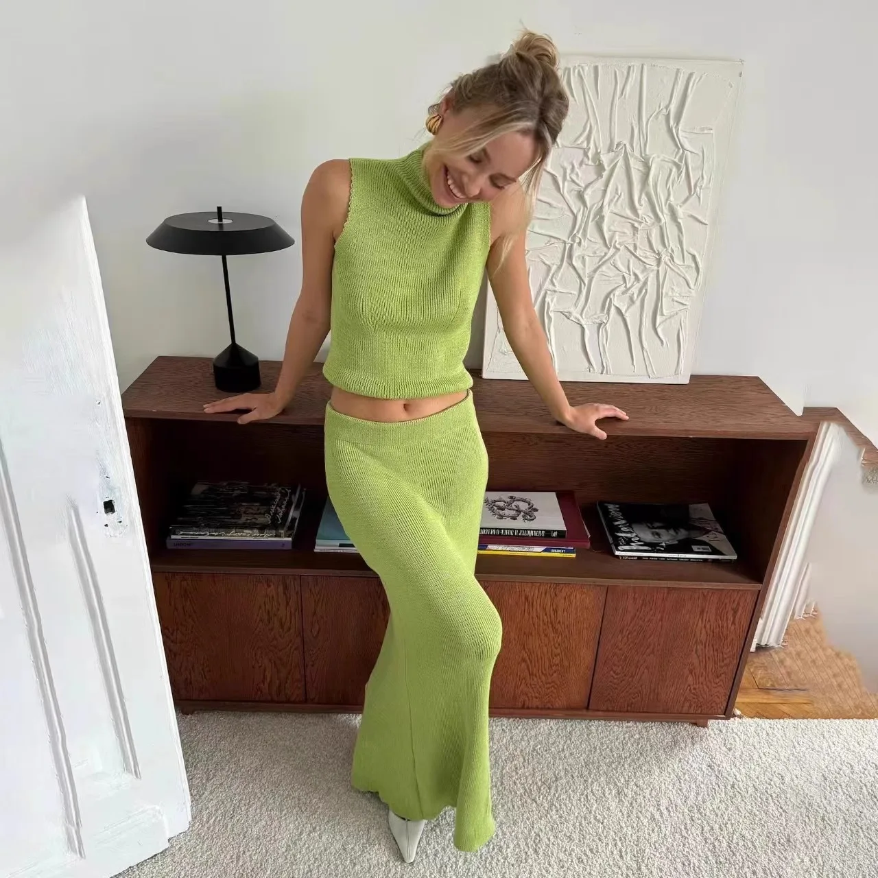 European And American Fashion Knitted Skirt Set, Women'S Summer High Neck Vest Paired With Slim Half Skirt Two-Piece Set