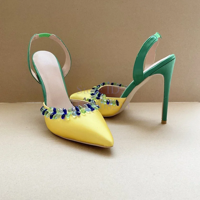 Crystal Pointed Toe Thin High Heels Pumps Satin Yellow Elegant Stilettos Sandals Slip-on 2025 Women Summer Vintage Dress Shoes