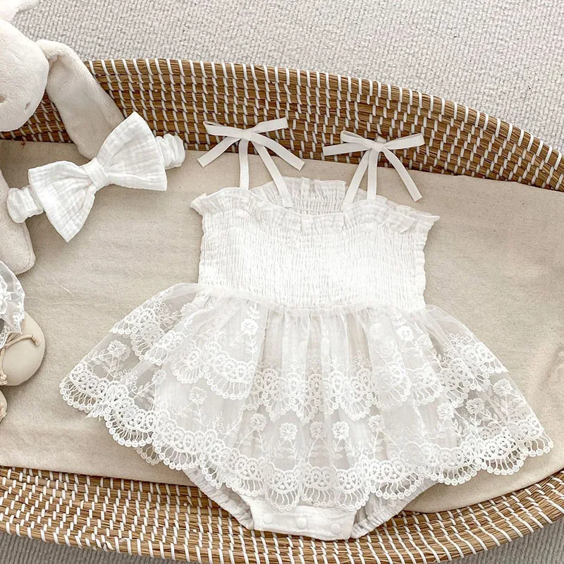 2025 New Summer 0-24M Children Clothes Newborn Baby Girls Romper Sleeveless Cotton Lace Splicing Toddler Baby Jumpsuit+Hair band