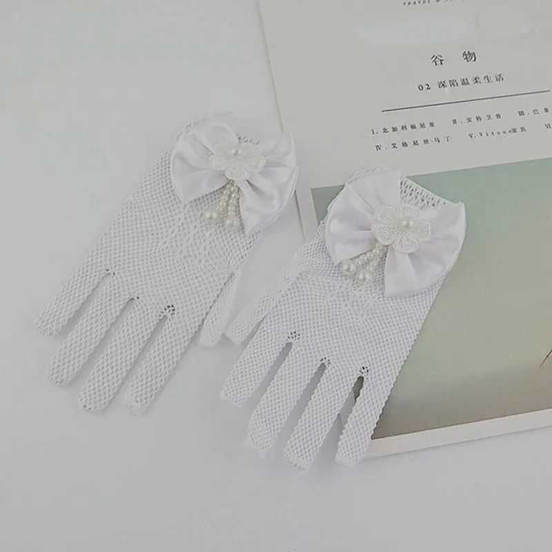 1 Pair Girls Kids White Lace Faux Pearl Fishnet Gloves Communion Flower Girl Bride Party Ceremony Accessories Fishnet Gloves