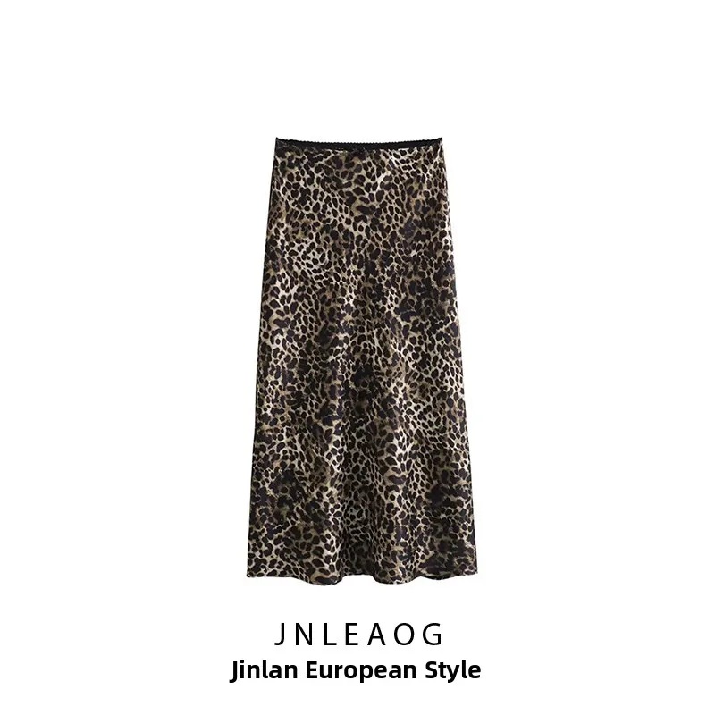

JNLEAOG Autumn New Animal Print Silk Satin Skirt Street Sle Splicing mid Waist Polyester Silk Casual A-Line Skirt