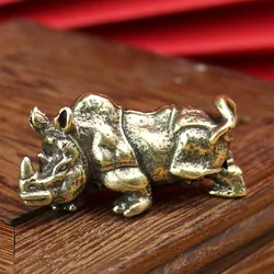 Retro Brass Rhino Figurines Ornaments Pure Copper Animal Rhinoceros Model Statue Miniatures Desk Decorations Feng Shui Gift