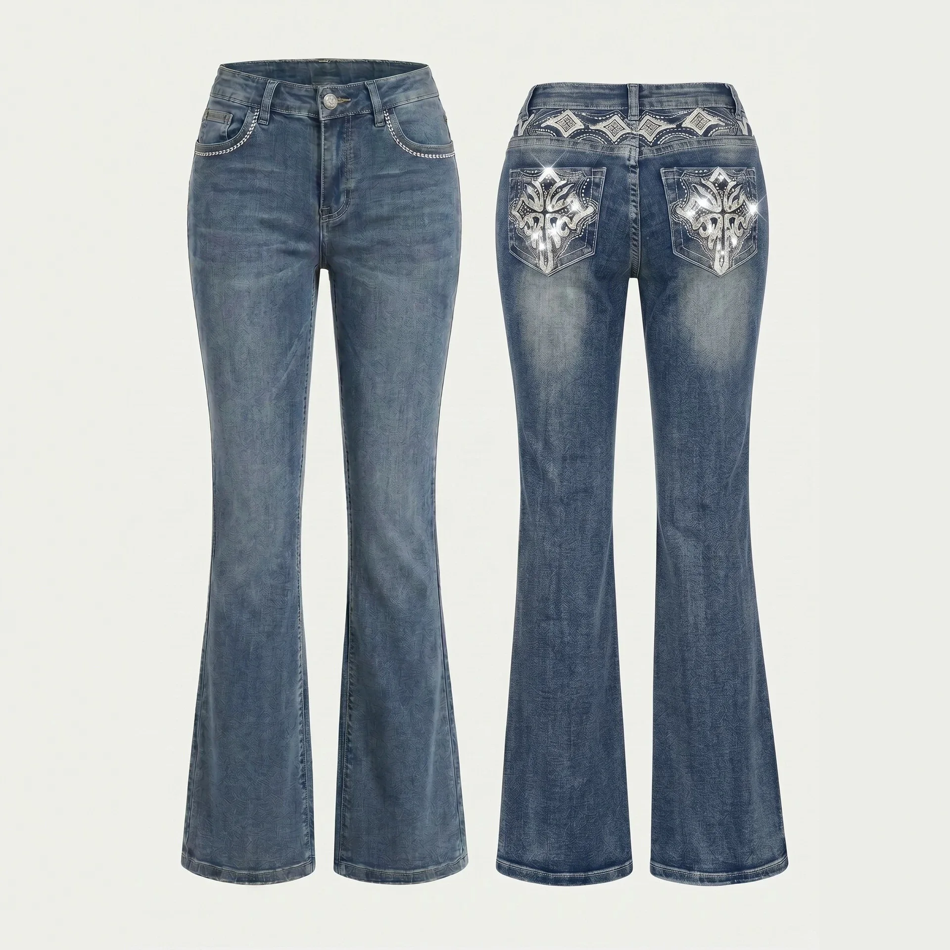 Women's Jeans Cross Hot Diamond Embroidery High Waist Micro-pull Denim Trousers Women, Factory Spot Wholesale