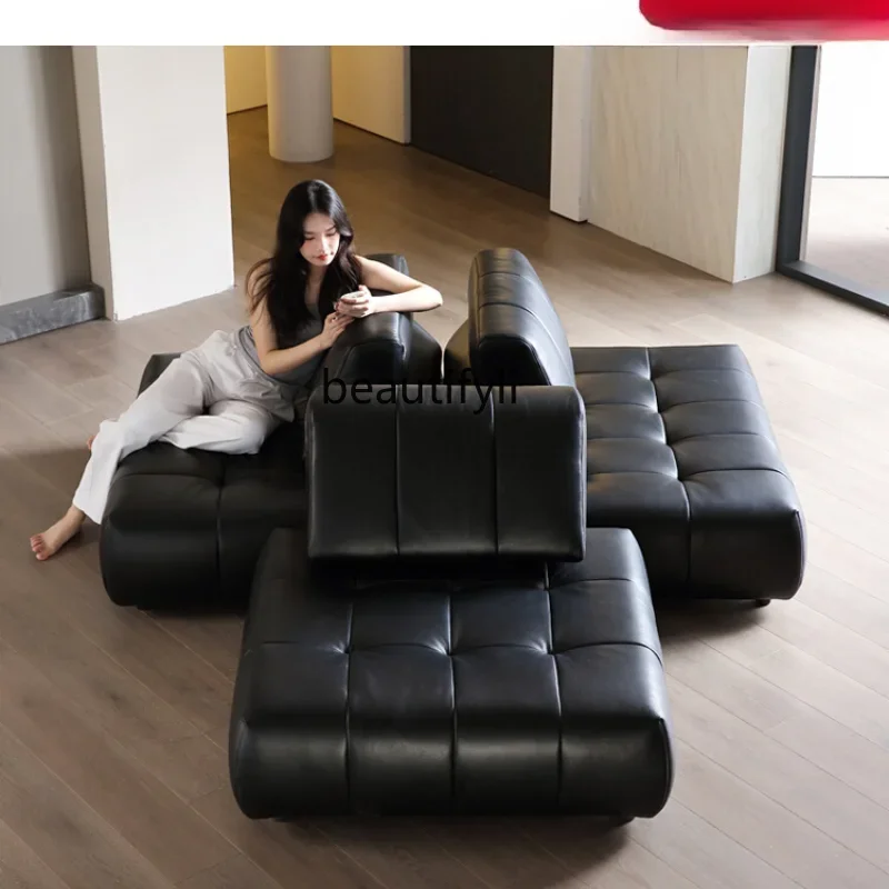 Modern Minimalist Tofu Block Module Combination Sofa Minimalist Top Layer Cowhide Leather Sofa