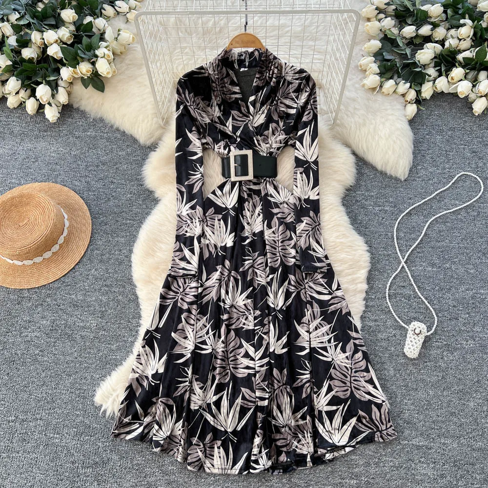 Sukienki damskie w kwiatowe wzory, sukienka w kształcie litery A z paskiem, długość do kostek, dekolt w serek, długi rękaw, szeroki dół, luźna, codzienna, elegancka, wiosna-jesień 2025