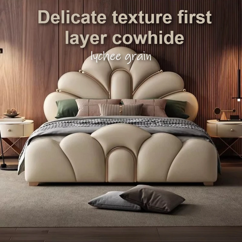 Top-grain Leather Double Bed With Soft Backrest Headboard Bed 2 People Bedside Table With Drawers King Frame Bedroom Furniture