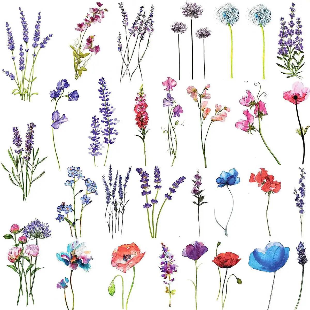 Coktak 12 Stück Aquarell Lavendel Blume temporäre Tattoos für Frauen Körper kunst Arm gefälschte Flora Erwachsene Tattoo Aufkleber Mädchen Tatoo