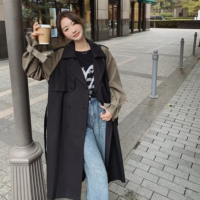 

SuperAen Contrast Stitching Long Trench Coat Jacket Women 2023 Autumn New Stitching Lace Waist Long Trench Coat