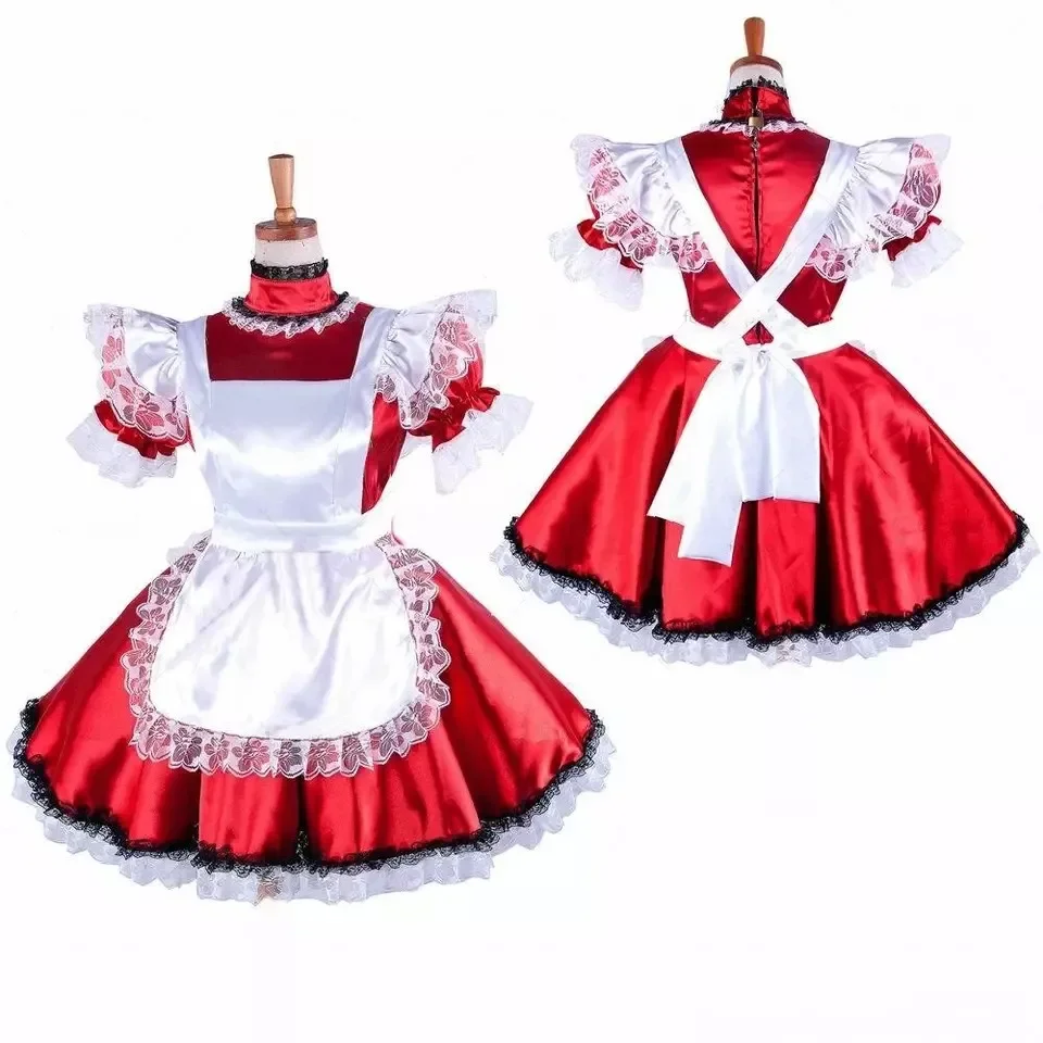 

Sissy girl red satin lockable dress French maid cosplay costume tailored cute transgender person