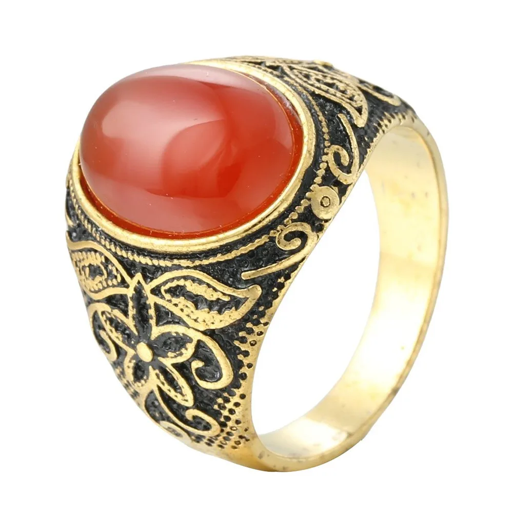 

Natural Jade Agate Gemstones Vintage Pattern Carved Rings for Men14K Gold Filled Stainless Steel Masculine Finger Bands Dubai