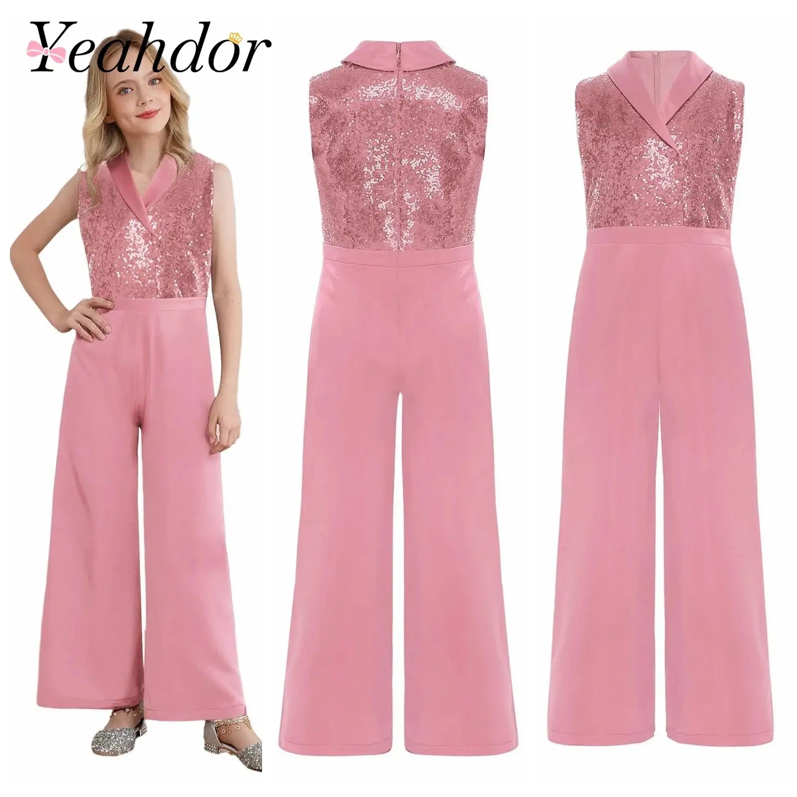 

Kids Jumpsuit for Girls Party Romper Lapel Tuxedo Costume Celebration Prom Wedding Sleeveless Bodysuit Sequins Formal Outfit