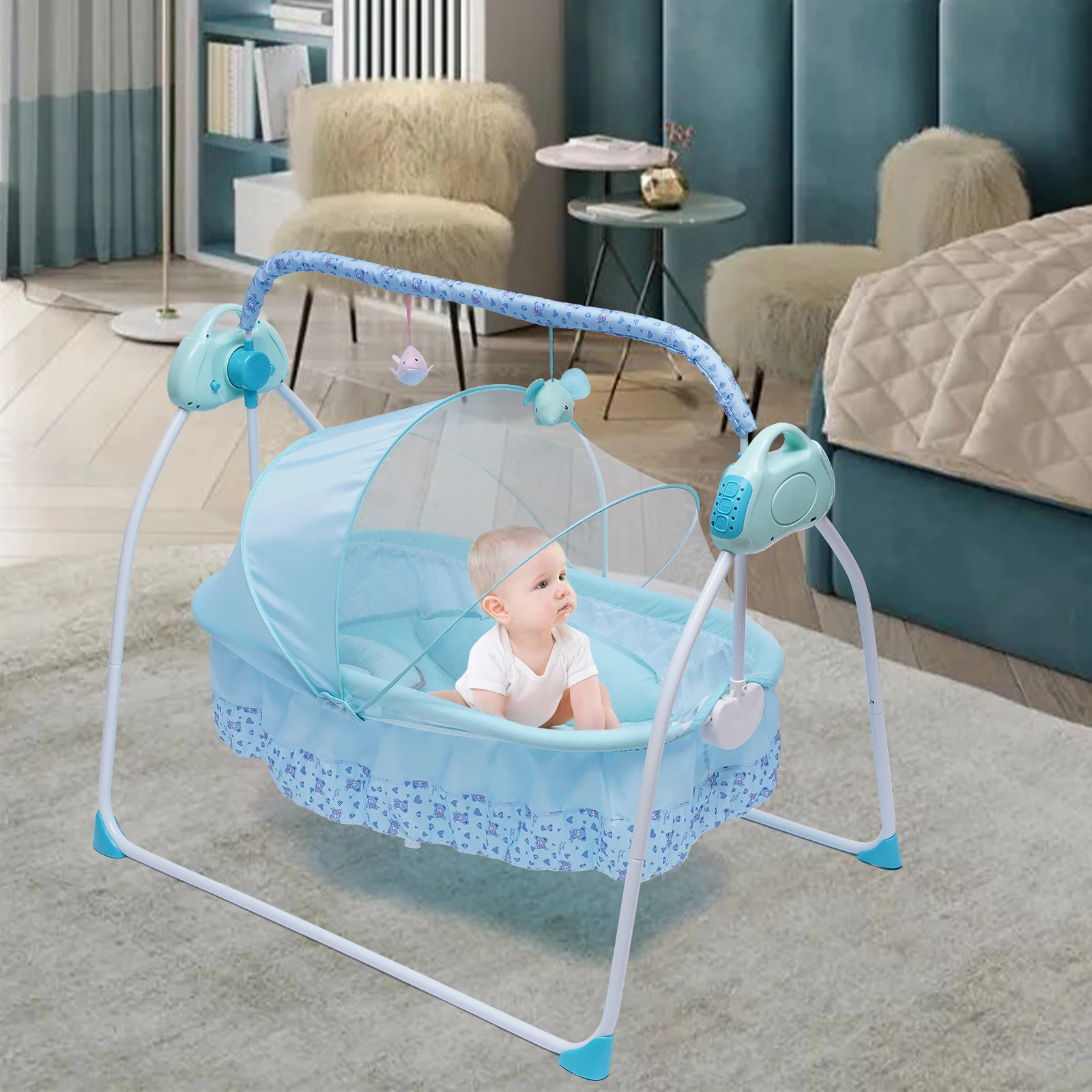 Babyschaukel, elektrische Babywiege mit 5-Gang-Deluxe-Babyschaukel mit Musik, zusammenklappbare Babyschaukel, elektrische Fernbedienung, Timing