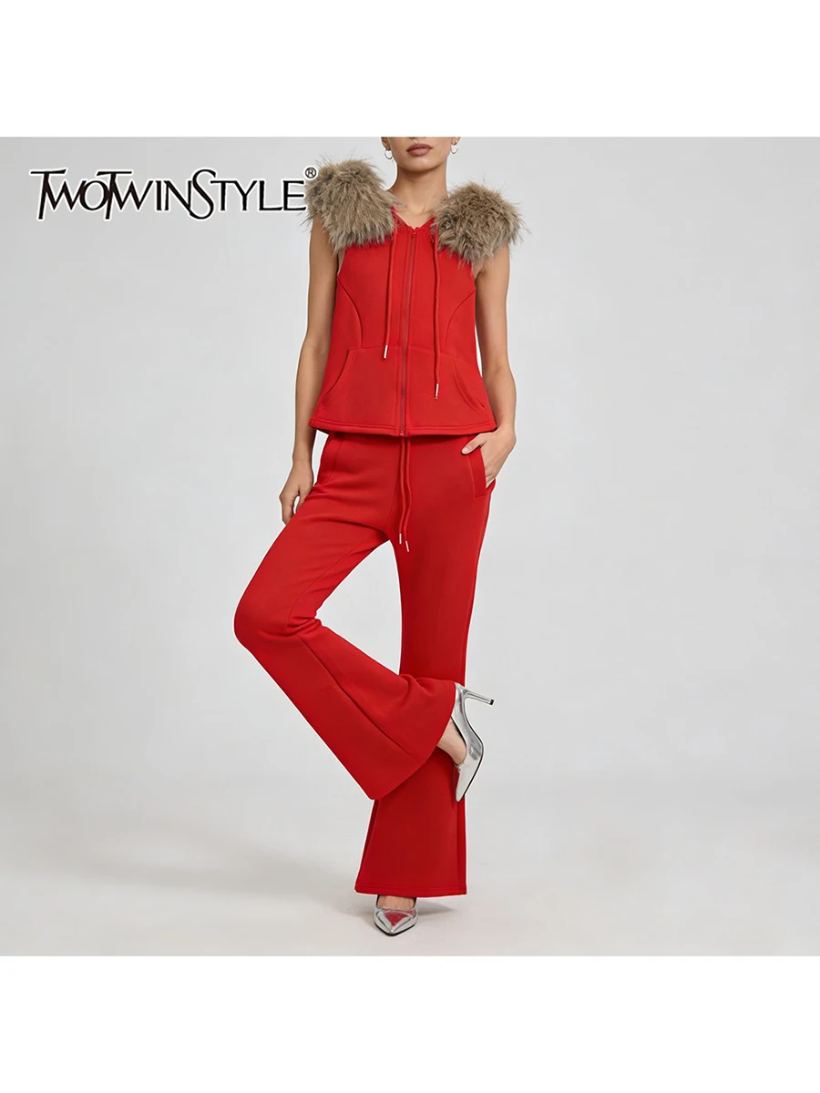 

TWOTWINSTYLE Casual Three Piece Sets for Women V Neck Long Sleeves Coat Fur Collar Slereveless Vest High Waist Pant Set Female